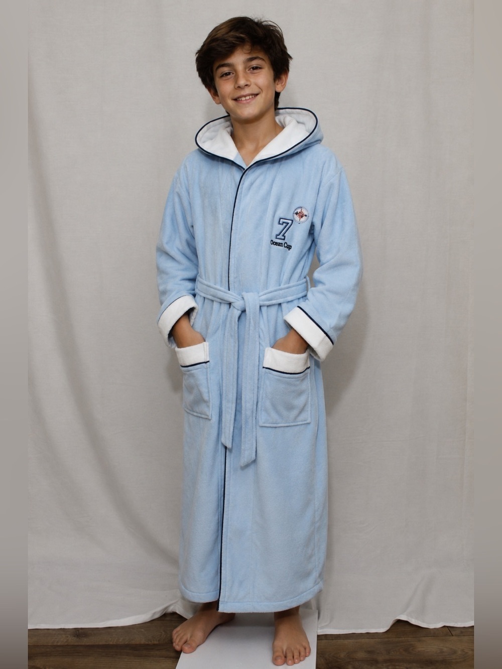 Kids Hooded Bathrobe 100% Cotton Blue 10-12Y Soft Terry Robe Belted